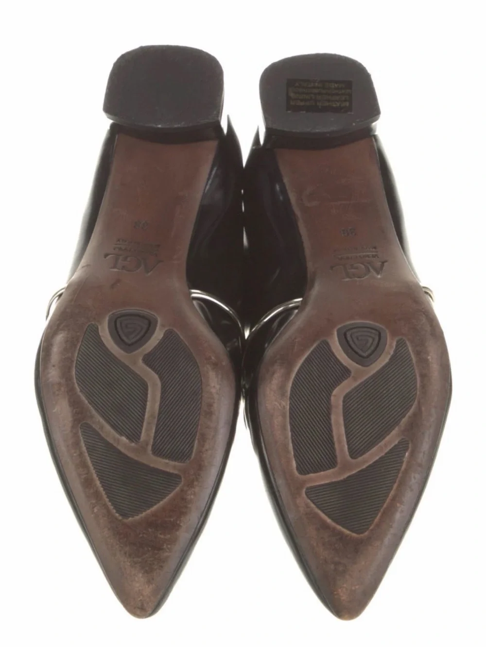 Agl Black Patent Leather Pointed Slip-On Loafer with Gold Accent